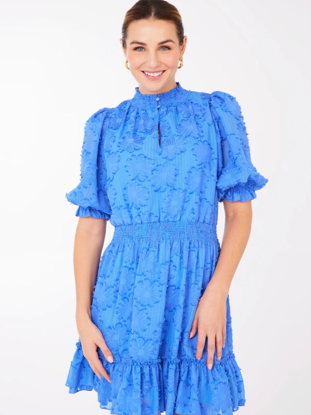 Bennett dress Adriatic blue Floral-Texture Mini Dress with Smocked Waist